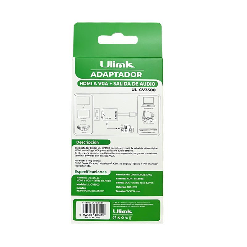 Adaptador HDMI a VGA + Audio Portable Full HD UL - CV3500