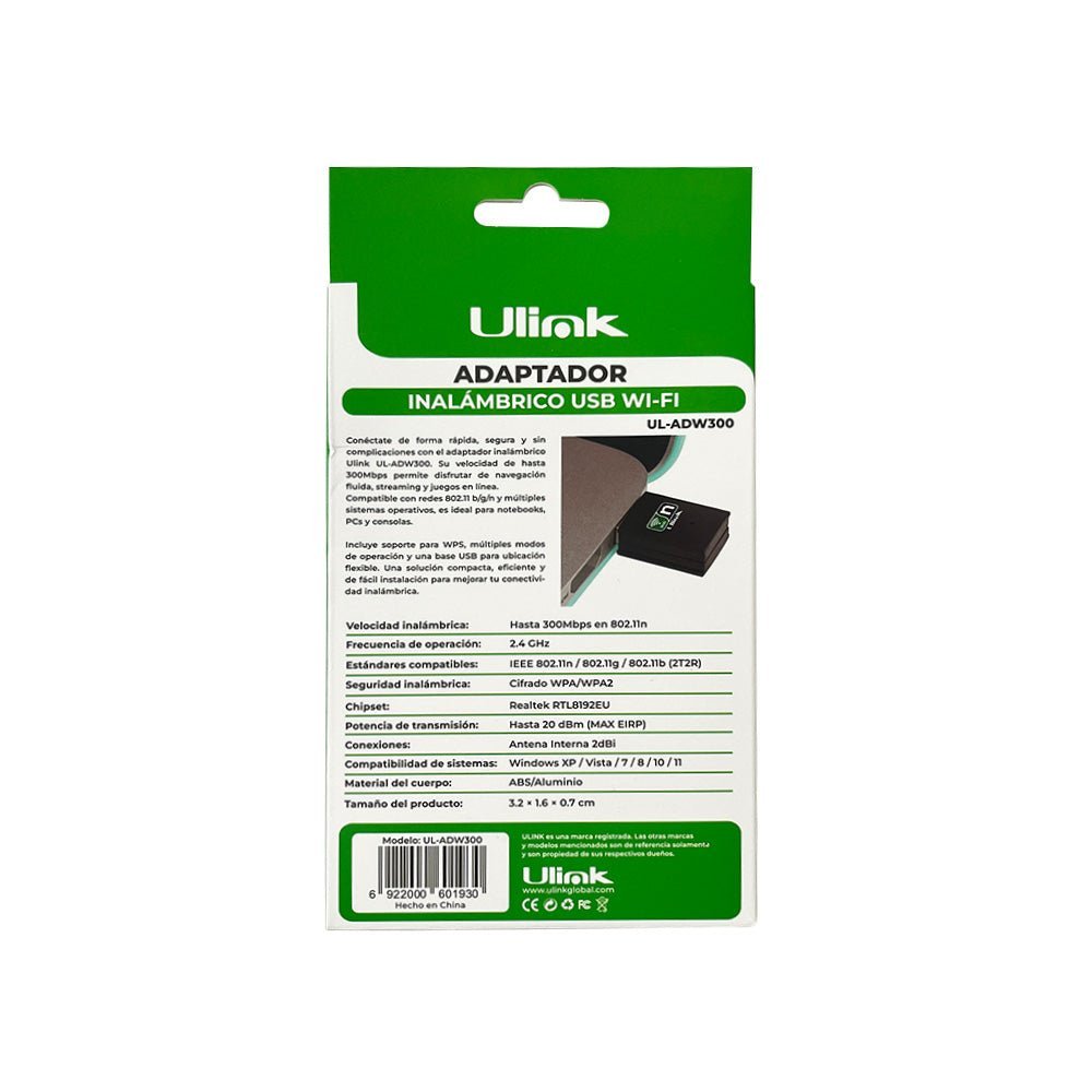 Adaptador USB Wi - Fi 300 Mbps Mini UL - ADW300 Negro