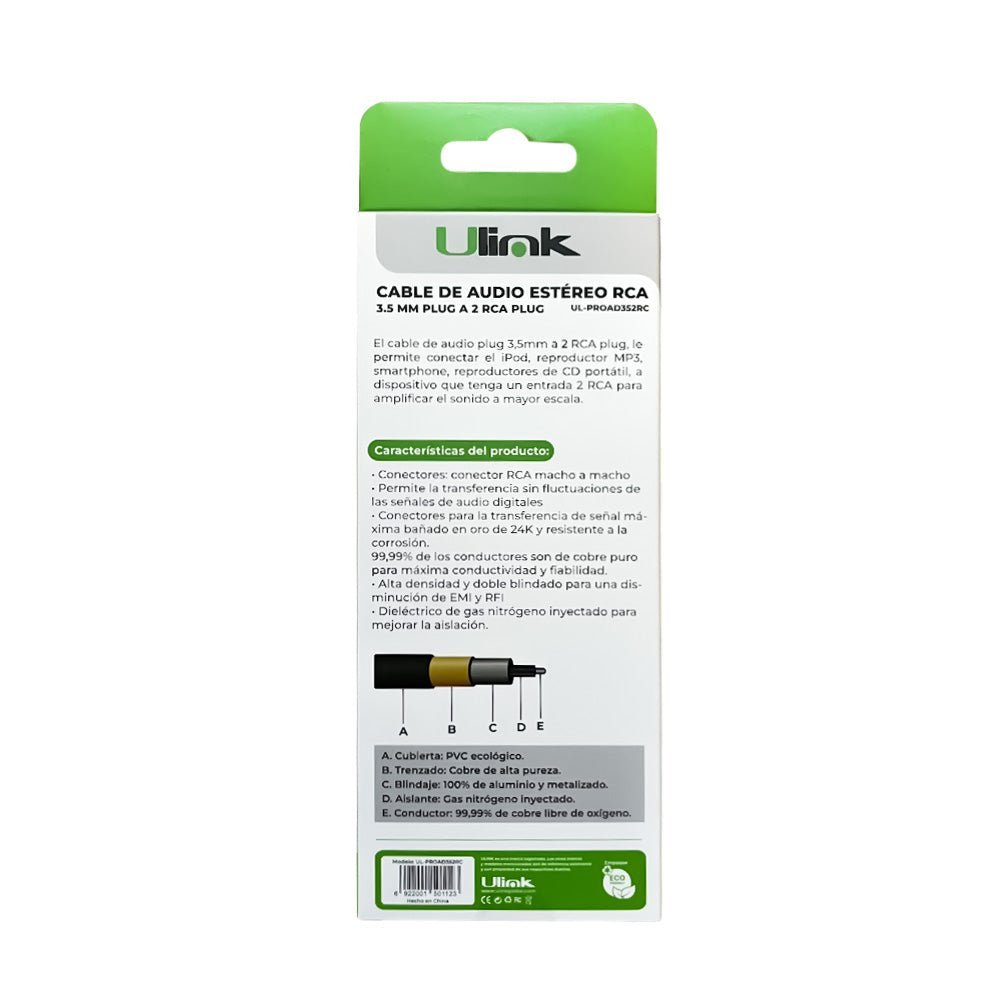 Cable de Audio 3.5mm a 2 RCA 1.8m Ulink UL - PROAD352RCUlinkItems Digital Spa – Tecnología, Hogar y Fitness en un solo lugar