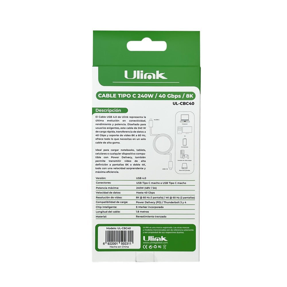 Cable USB 4.0 Tipo C 240W 40Gbps 8K 1.8m Ulink