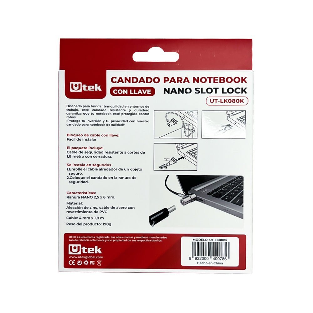 Candado Notebook Slot Nano con Llave 1.8m UT - LK080K