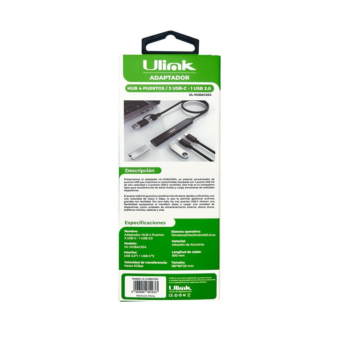 Hub USB 3.0 4 puertos 3x USB - C + USB - A UL - HUBAC204ULINKItems Digital Spa – Tecnología, Hogar y Fitness en un solo lugar
