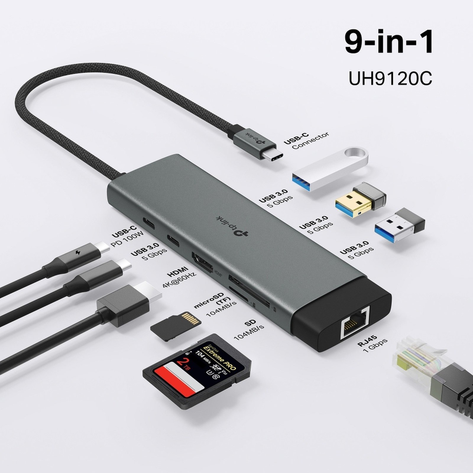 Hub USB-C 9 en 1 UH9120C con HDMI, RJ45 y USB 3.0