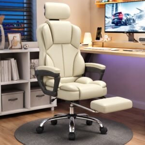 Silla Oficina Gamer Reclinable Cuero Crema Reposapies